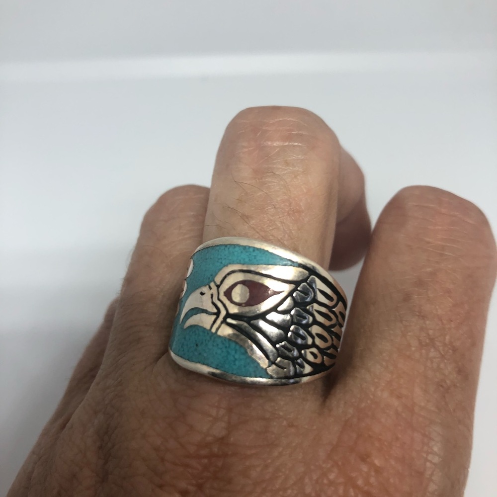 Vintage Southwestern Turquoise Inlay Hawk Ring - Picture 3 of 6